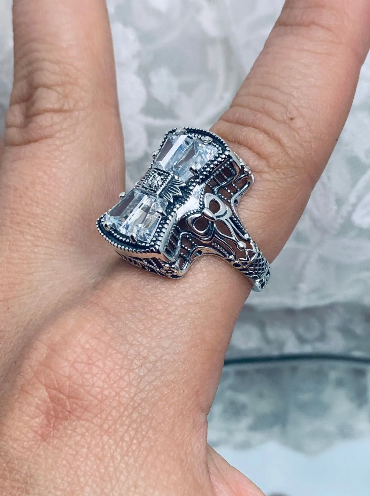 Sparkling White CZ Ring, Versailles Sterling Silver Bow & Baguette CZ Ring, Baroque Jewelry D595