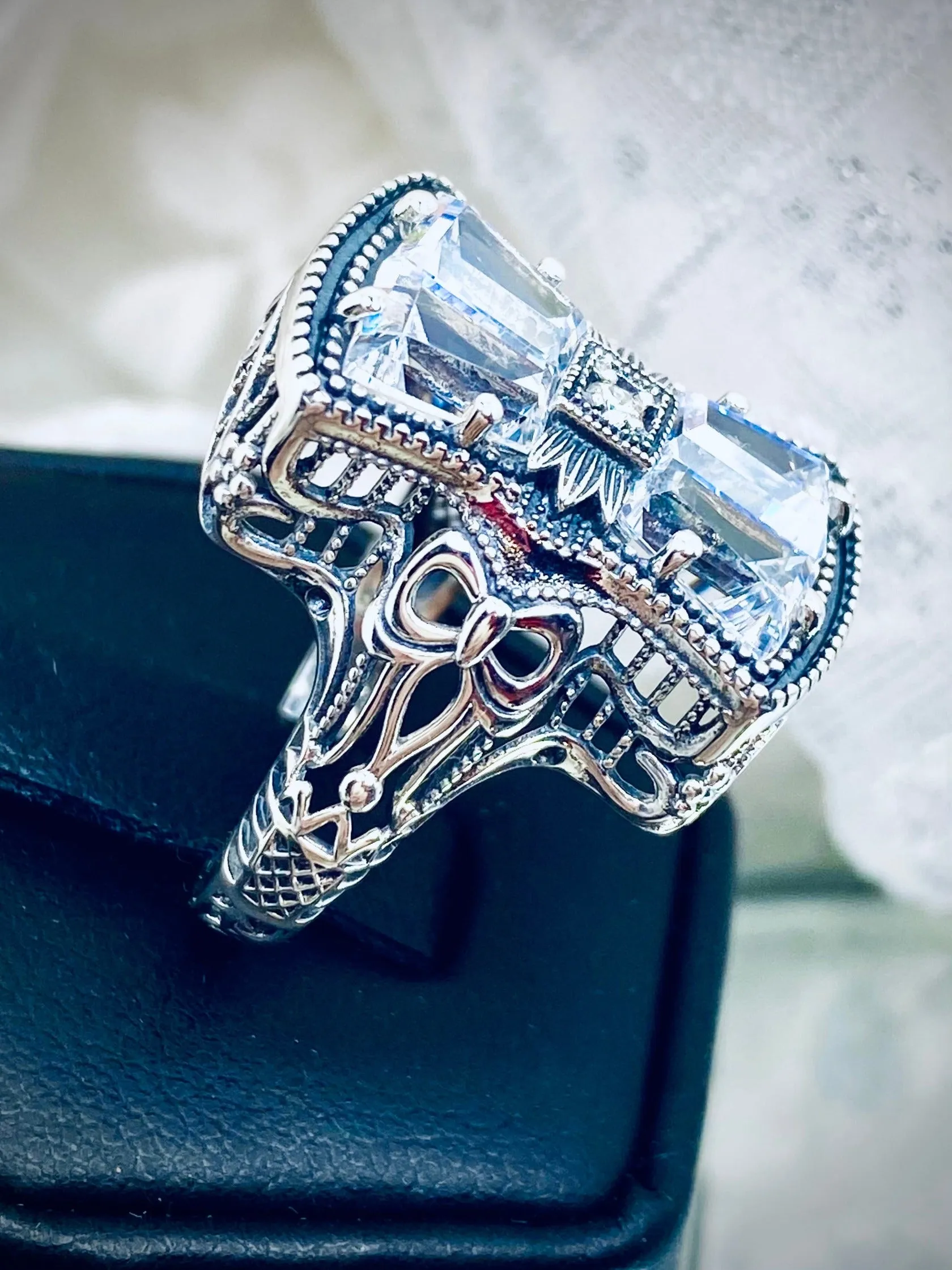 Sparkling White CZ Ring, Versailles Sterling Silver Bow & Baguette CZ Ring, Baroque Jewelry D595