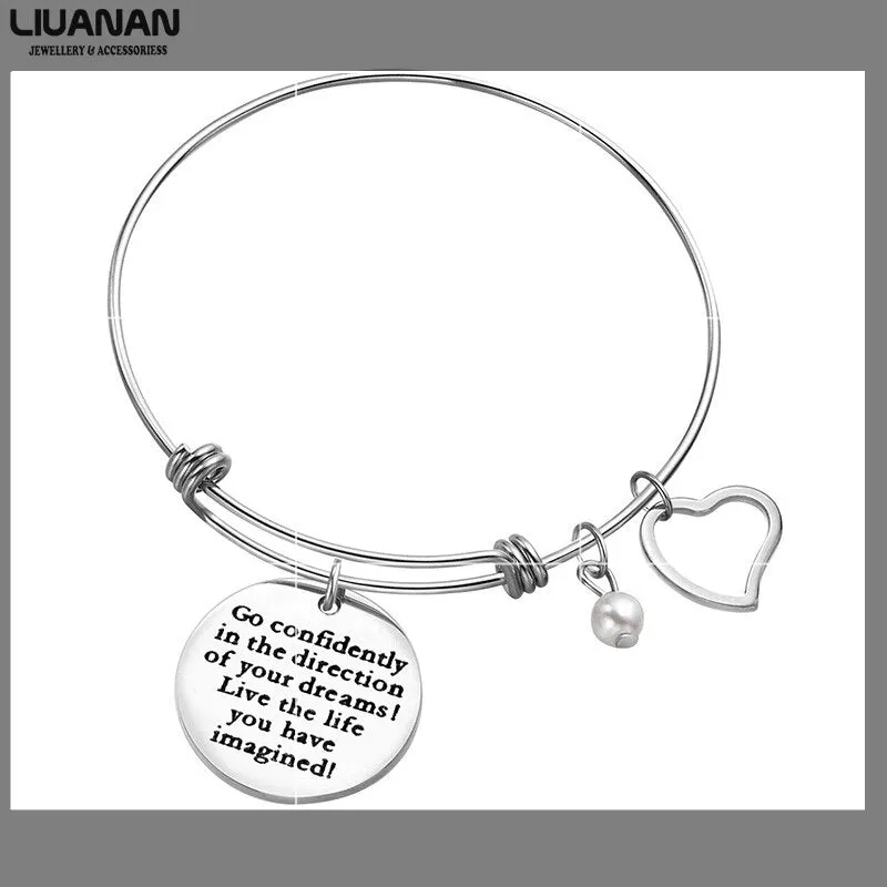 Stainless Steel Women Girls Inspirational Quotes Bangle Heart Charm Bracelets & Bangles She Believe She Could So She Did