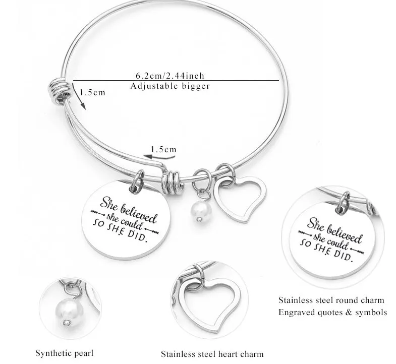 Stainless Steel Women Girls Inspirational Quotes Bangle Heart Charm Bracelets & Bangles She Believe She Could So She Did