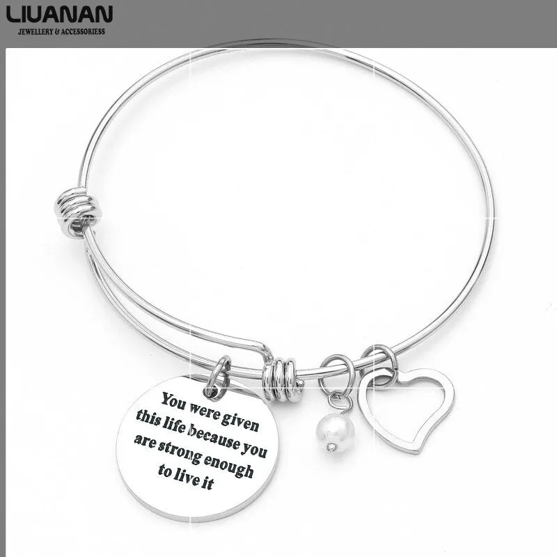Stainless Steel Women Girls Inspirational Quotes Bangle Heart Charm Bracelets & Bangles She Believe She Could So She Did