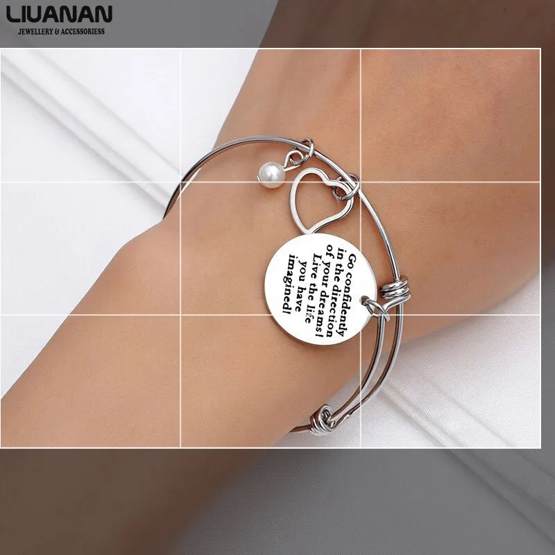 Stainless Steel Women Girls Inspirational Quotes Bangle Heart Charm Bracelets & Bangles She Believe She Could So She Did