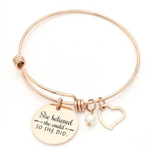 Stainless Steel Women Girls Inspirational Quotes Bangle Heart Charm Bracelets & Bangles She Believe She Could So She Did