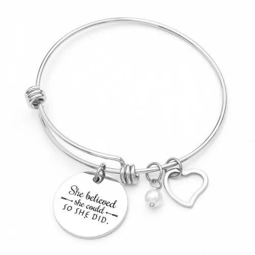 Stainless Steel Women Girls Inspirational Quotes Bangle Heart Charm Bracelets & Bangles She Believe She Could So She Did