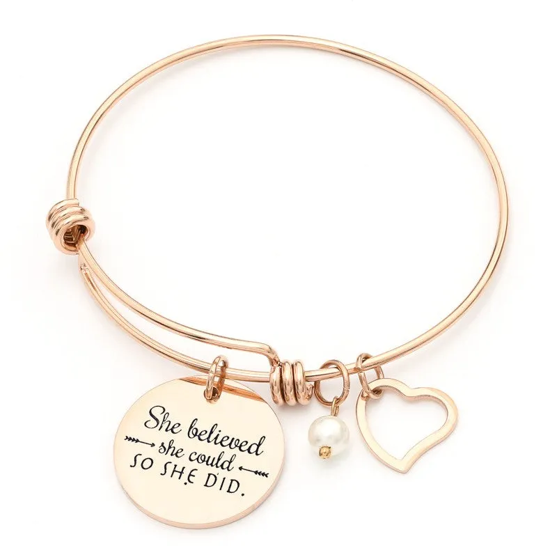 Stainless Steel Women Girls Inspirational Quotes Bangle Heart Charm Bracelets & Bangles She Believe She Could So She Did