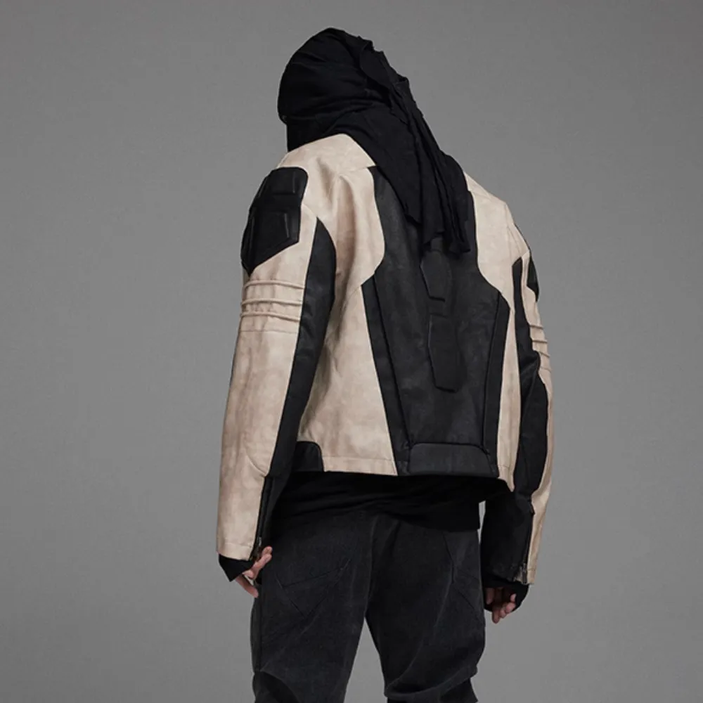 Stand Collar Contrast Leather Jacket