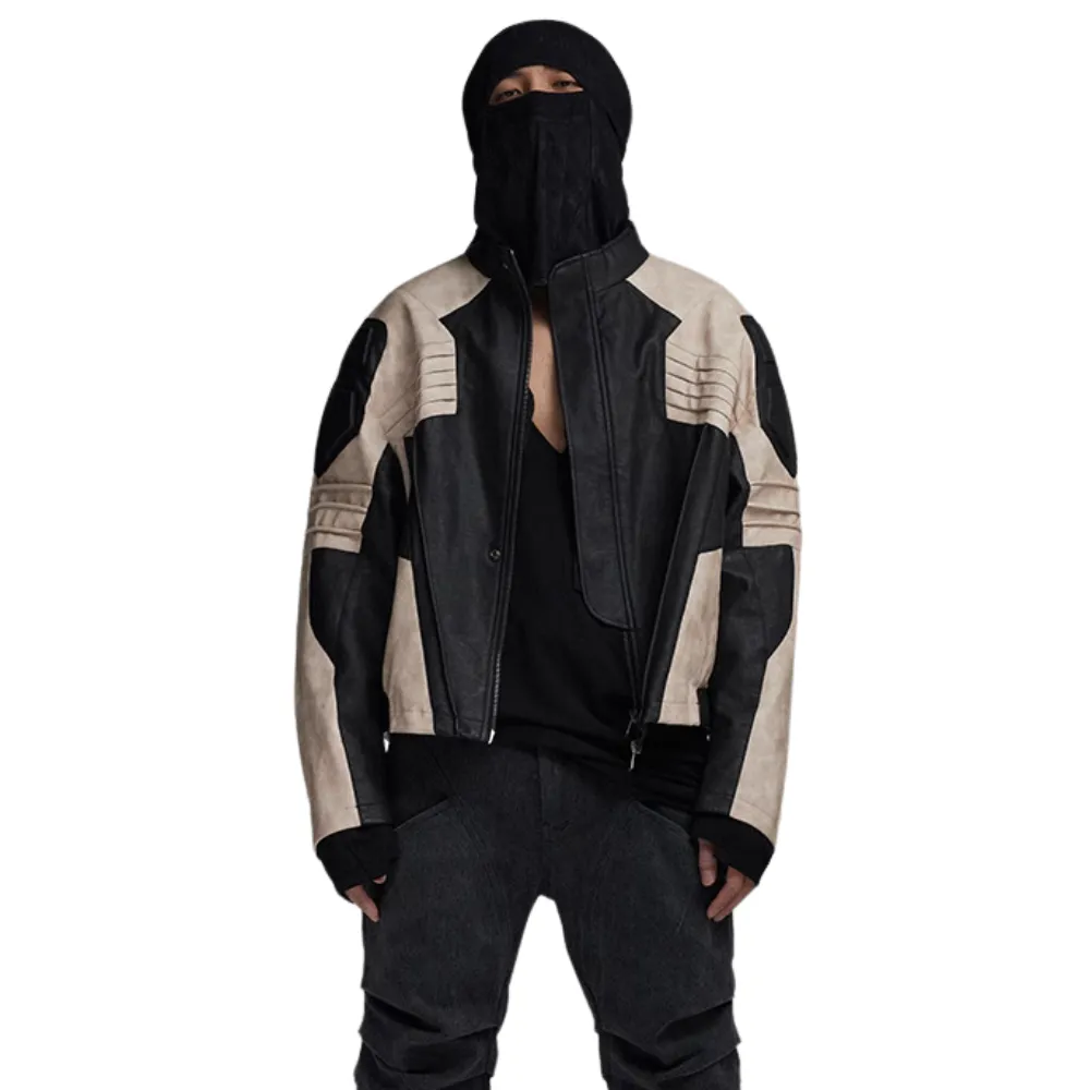 Stand Collar Contrast Leather Jacket