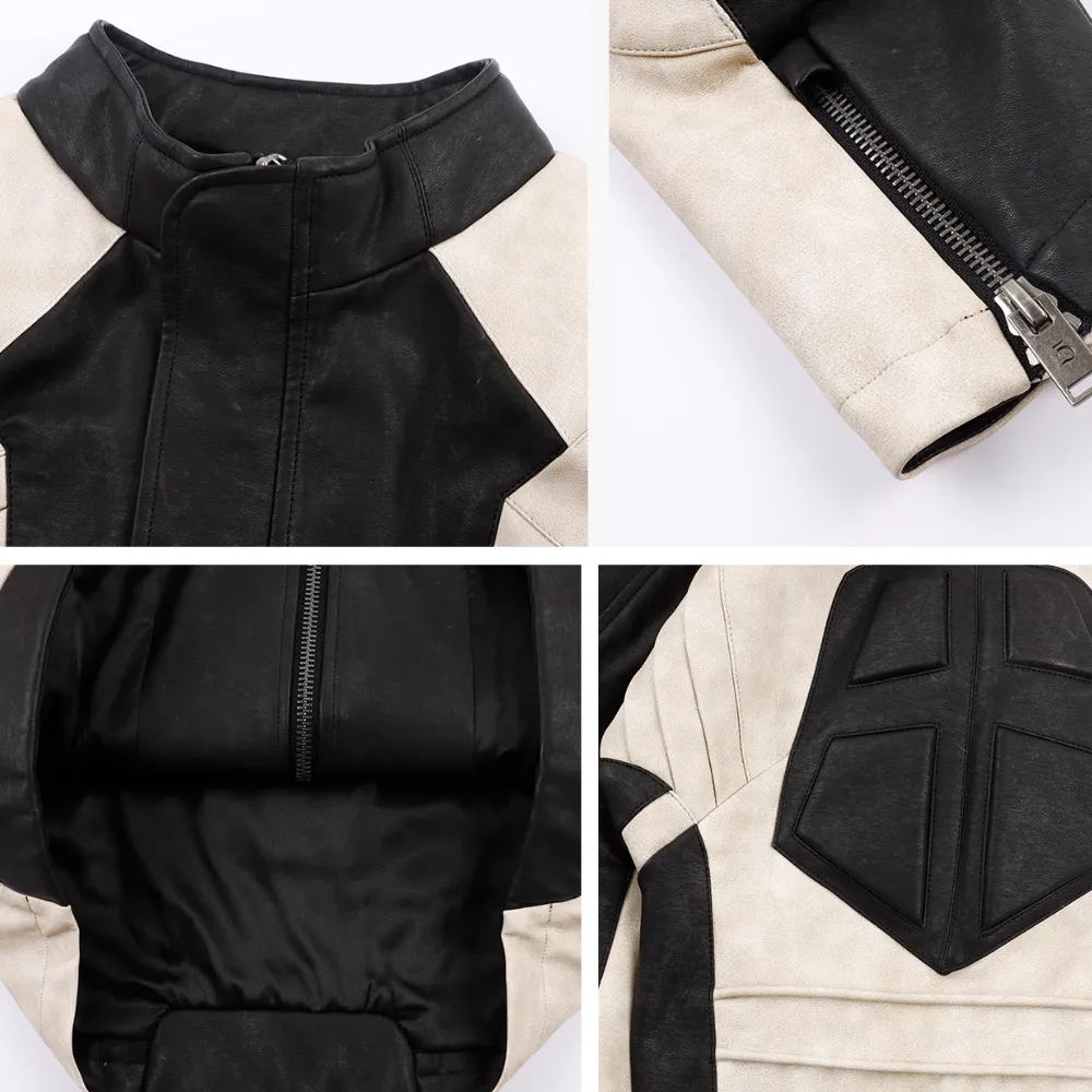 Stand Collar Contrast Leather Jacket