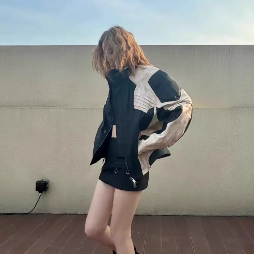 Stand Collar Contrast Leather Jacket
