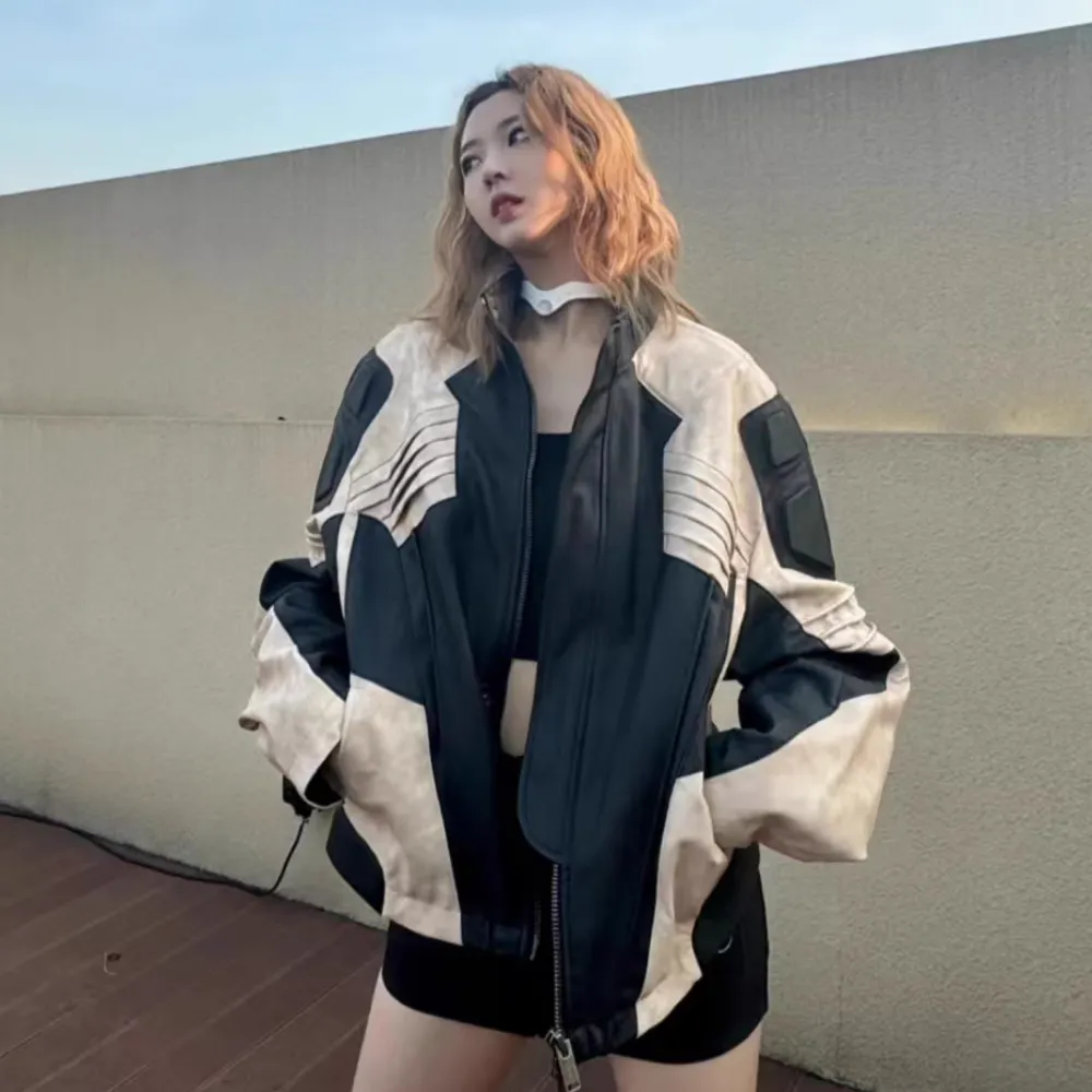 Stand Collar Contrast Leather Jacket