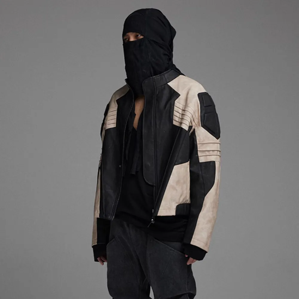 Stand Collar Contrast Leather Jacket