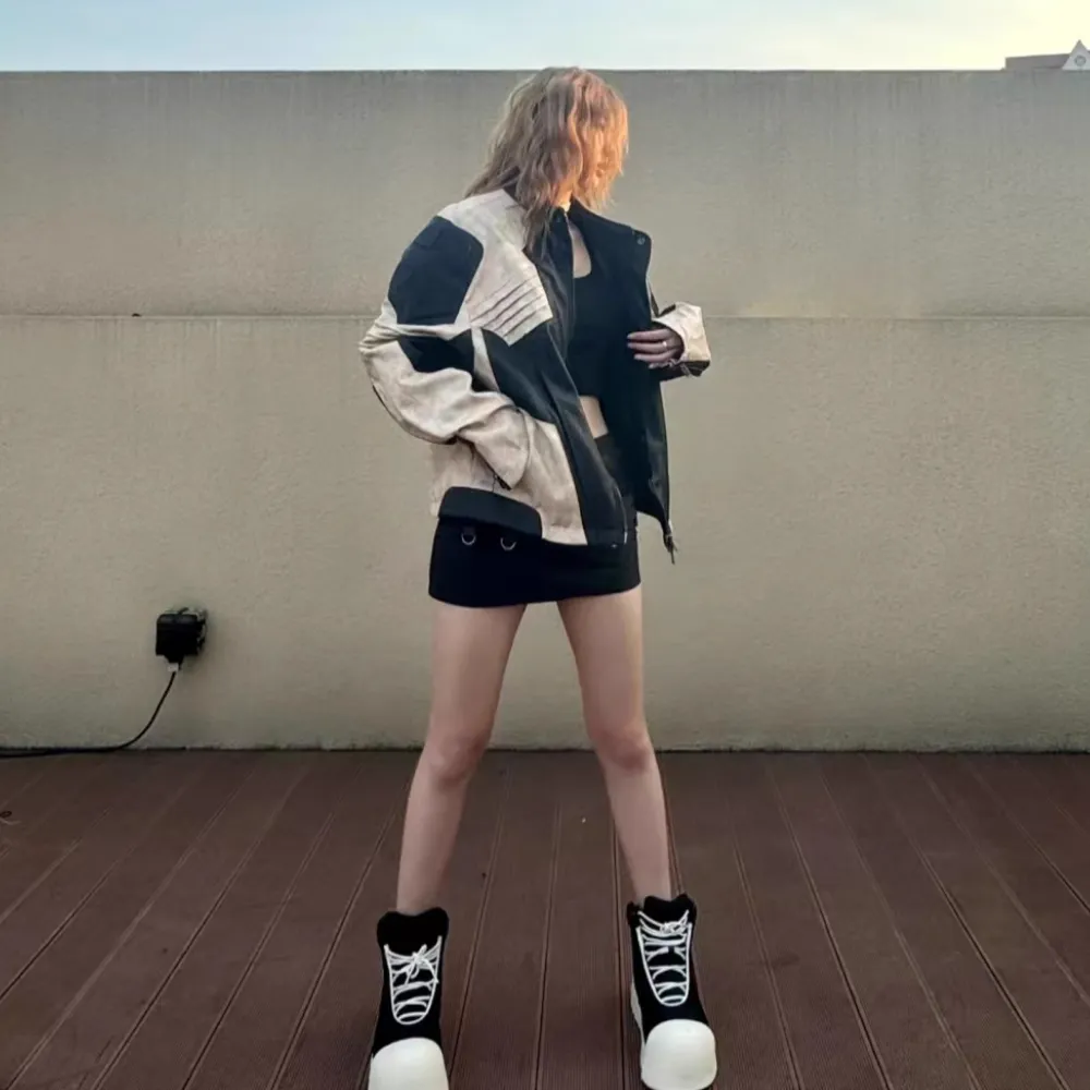 Stand Collar Contrast Leather Jacket