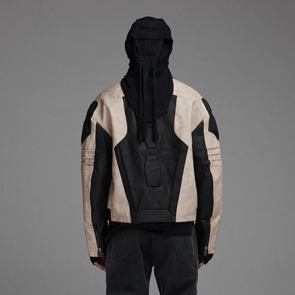 Stand Collar Contrast Leather Jacket