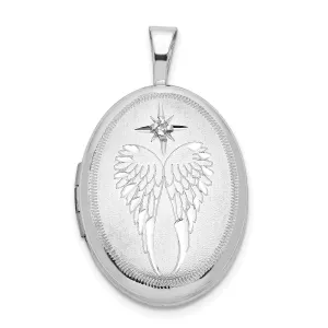Sterling Silver Rhodium-plated 19mm Diamond Angel Wings Oval Locket
