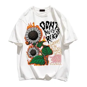 【Subscription】 Burning Sunflower And Slogan Print Trendy T-shirt