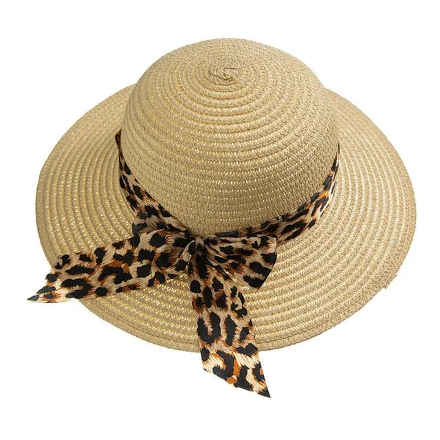 Summer Sunscreen Baby Hat Leopard Print Lace Bow Straw Hat Beach Baby Sun Hat Outing Parent Child Straw Hat