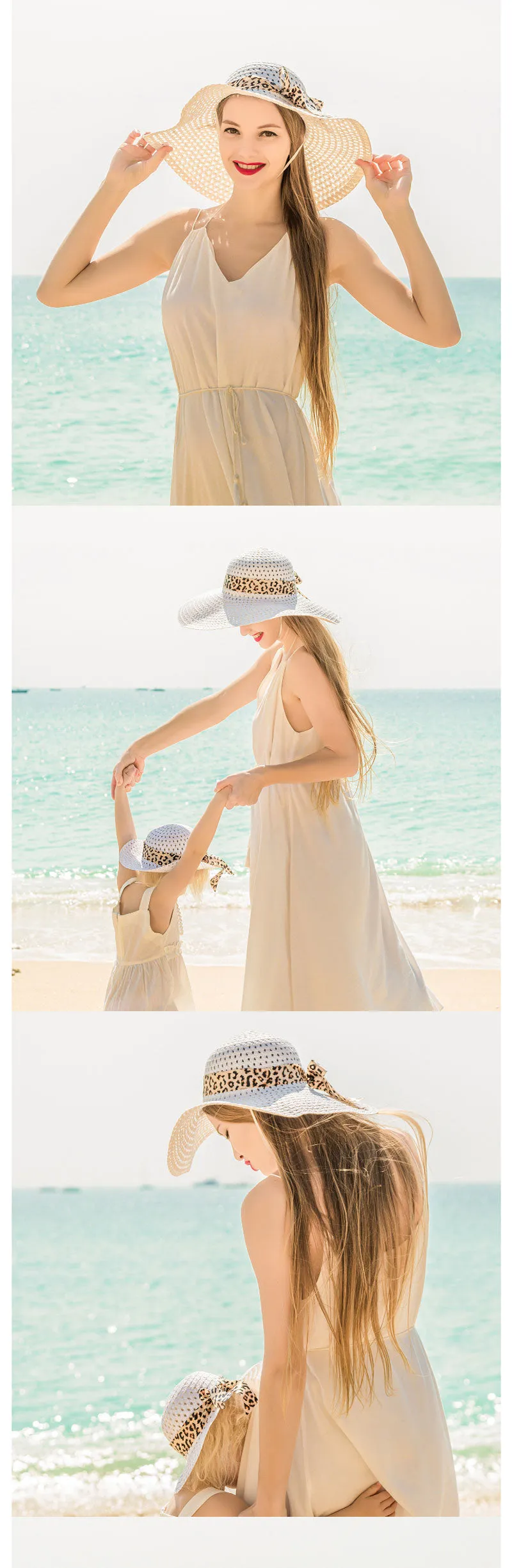 Summer Sunscreen Baby Hat Leopard Print Lace Bow Straw Hat Beach Baby Sun Hat Outing Parent Child Straw Hat