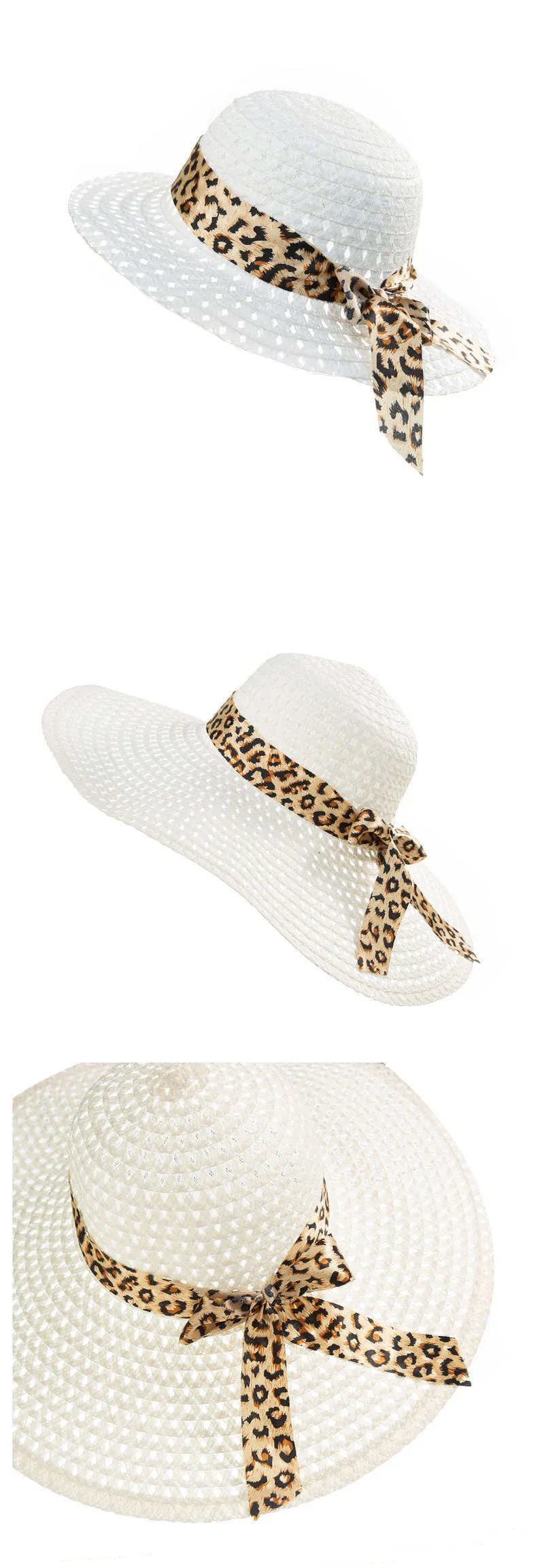 Summer Sunscreen Baby Hat Leopard Print Lace Bow Straw Hat Beach Baby Sun Hat Outing Parent Child Straw Hat