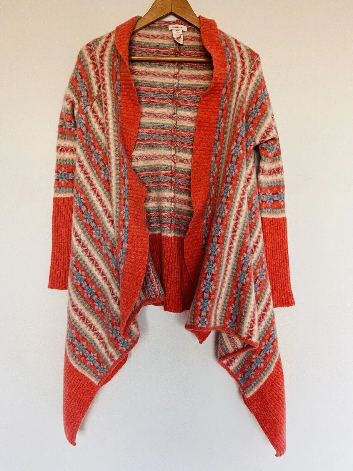 SUNDANCE Fair Isle Coral Draped Cardigan Sz PM Waterfall Lambswool Sweater