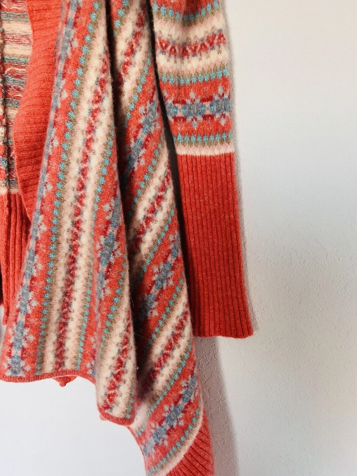 SUNDANCE Fair Isle Coral Draped Cardigan Sz PM Waterfall Lambswool Sweater