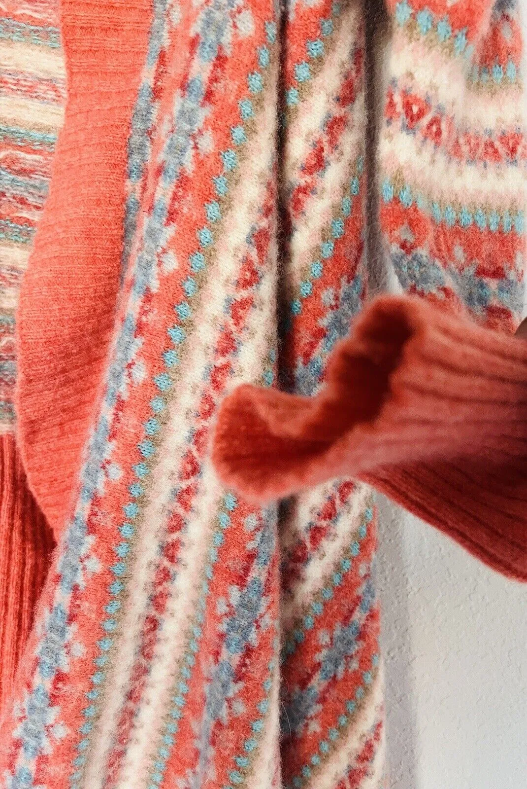 SUNDANCE Fair Isle Coral Draped Cardigan Sz PM Waterfall Lambswool Sweater