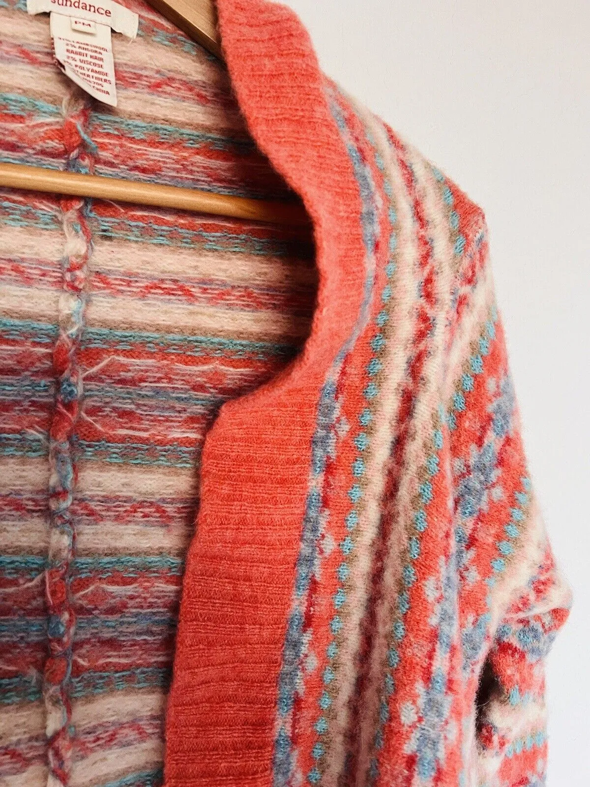 SUNDANCE Fair Isle Coral Draped Cardigan Sz PM Waterfall Lambswool Sweater