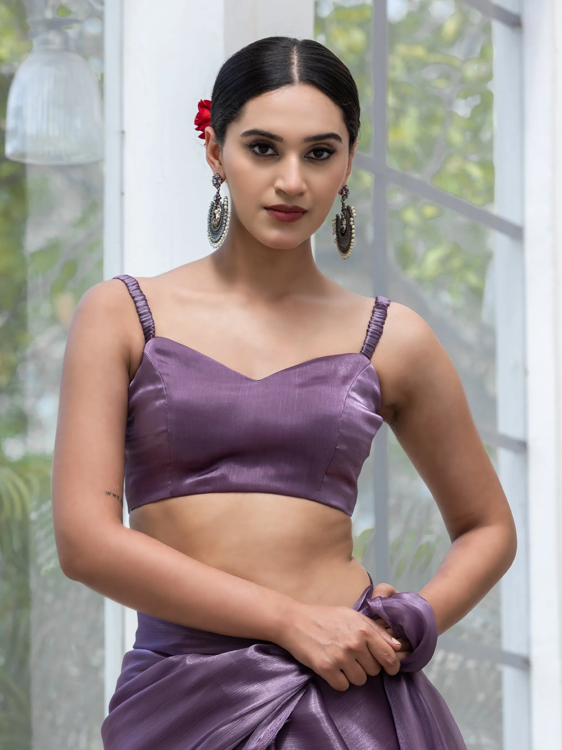 Sway Mauve Chiffon Organza Saree with Lace and Blouse Fabric