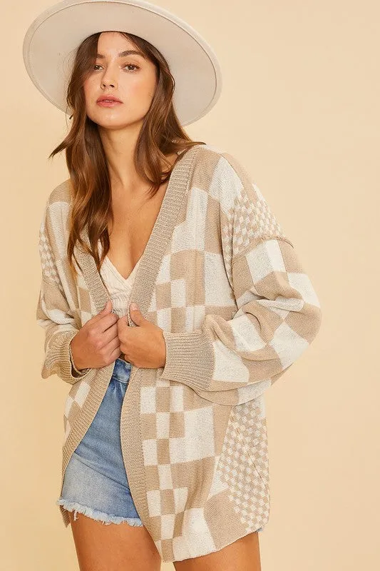 Tan Checkered Open Front Drop Shoulder Cardigan
