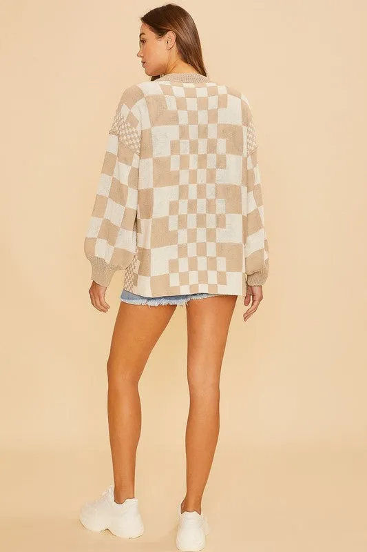 Tan Checkered Open Front Drop Shoulder Cardigan