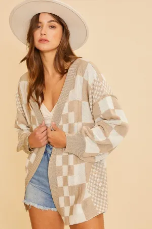 Tan Checkered Open Front Drop Shoulder Cardigan