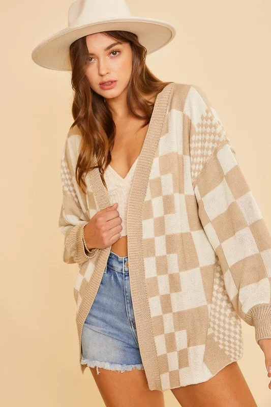Tan Checkered Open Front Drop Shoulder Cardigan