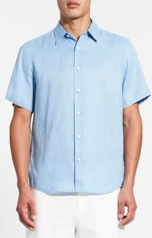 Theory Irving Short Sleeve Shirt in Relaxed Linen- Powder Blue