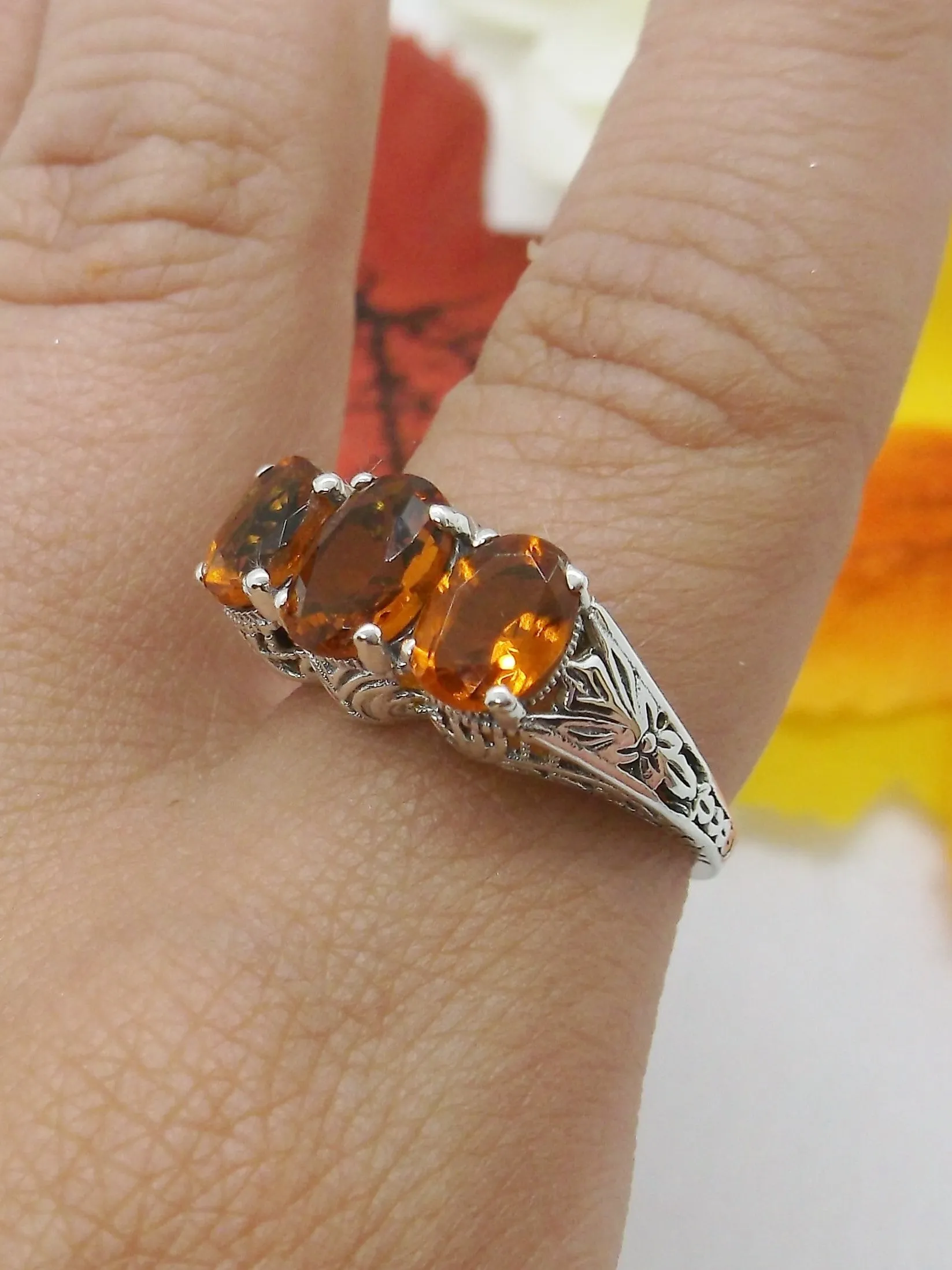 Trinity Cognac-Orange Ring, 3Gem Art Deco Jewelry Design#D41