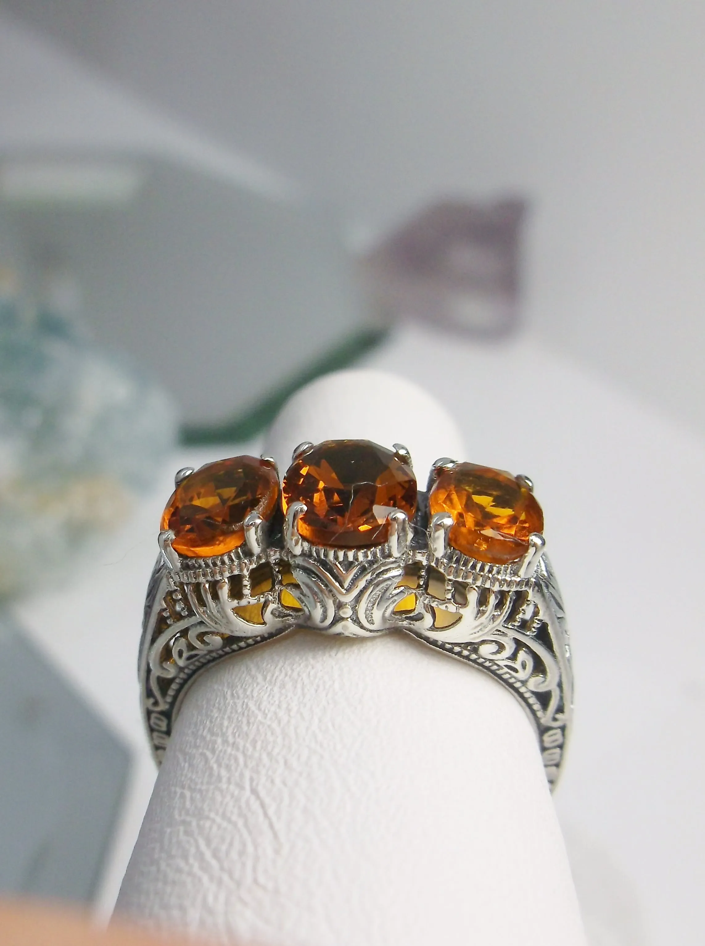Trinity Cognac-Orange Ring, 3Gem Art Deco Jewelry Design#D41