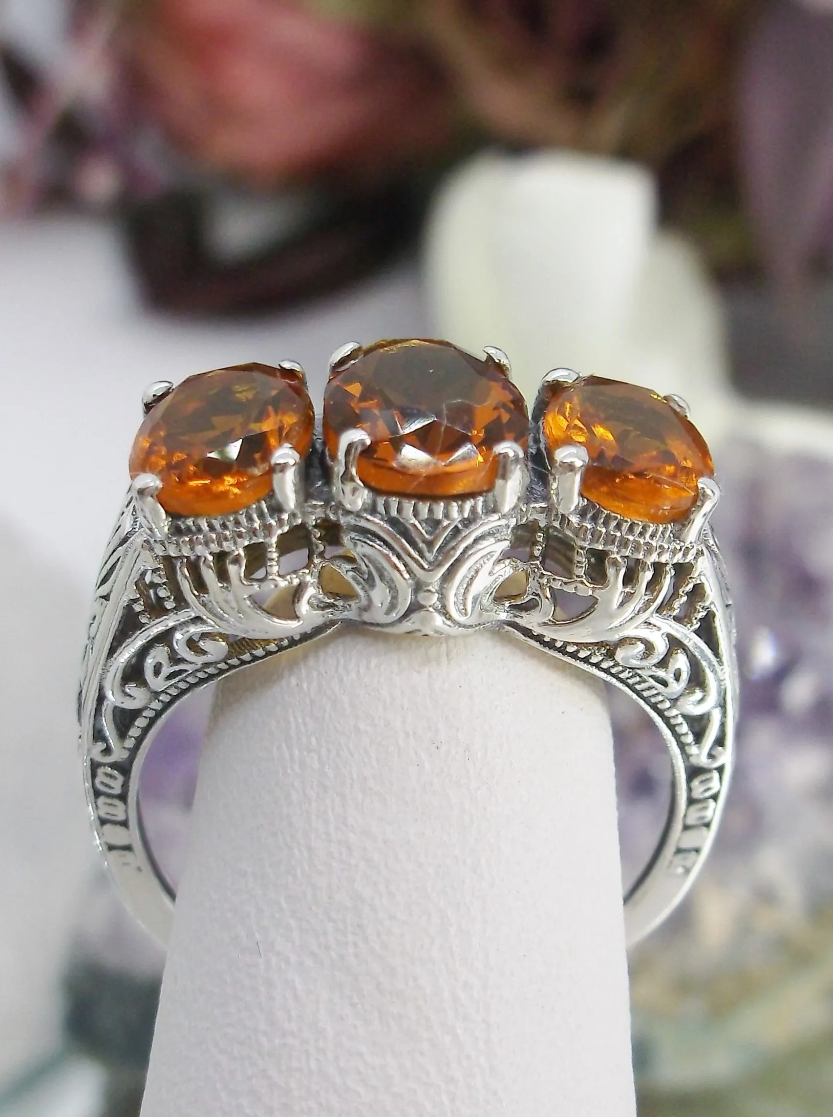 Trinity Cognac-Orange Ring, 3Gem Art Deco Jewelry Design#D41