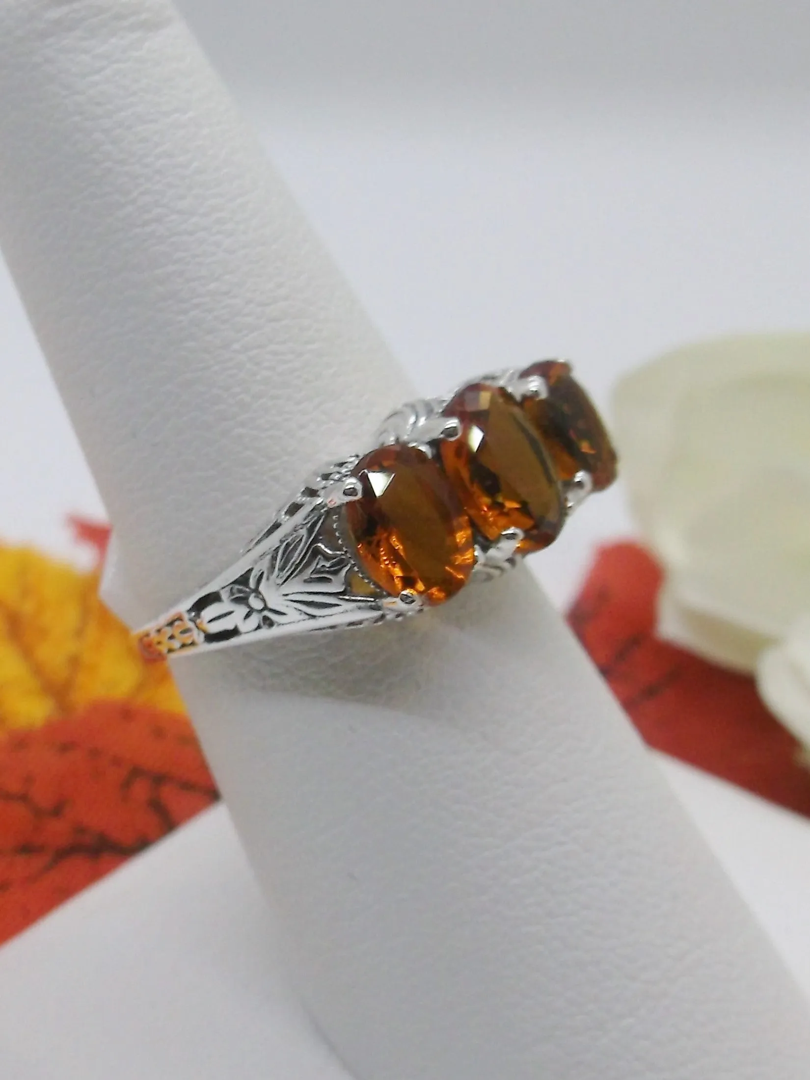 Trinity Cognac-Orange Ring, 3Gem Art Deco Jewelry Design#D41