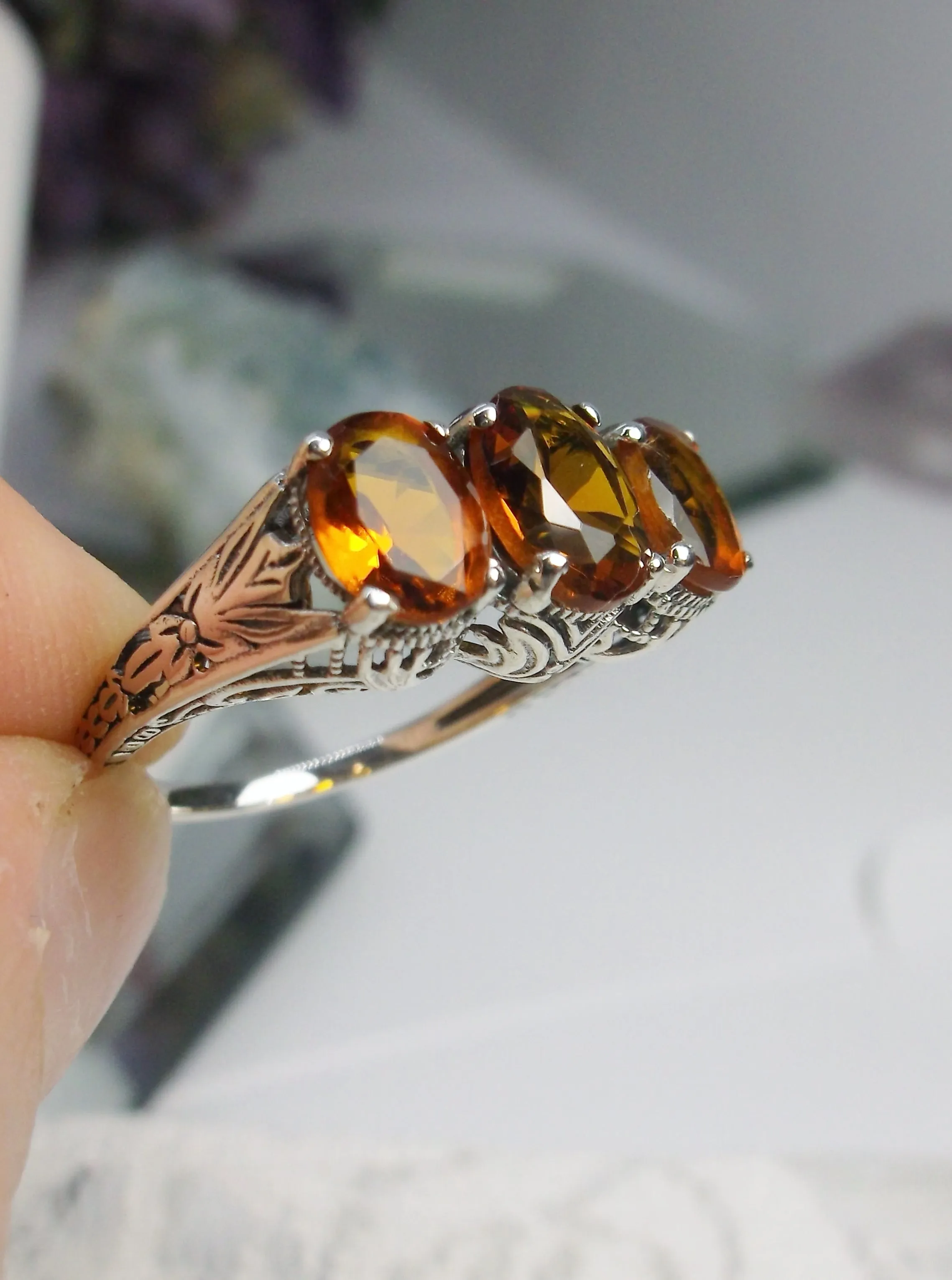 Trinity Cognac-Orange Ring, 3Gem Art Deco Jewelry Design#D41