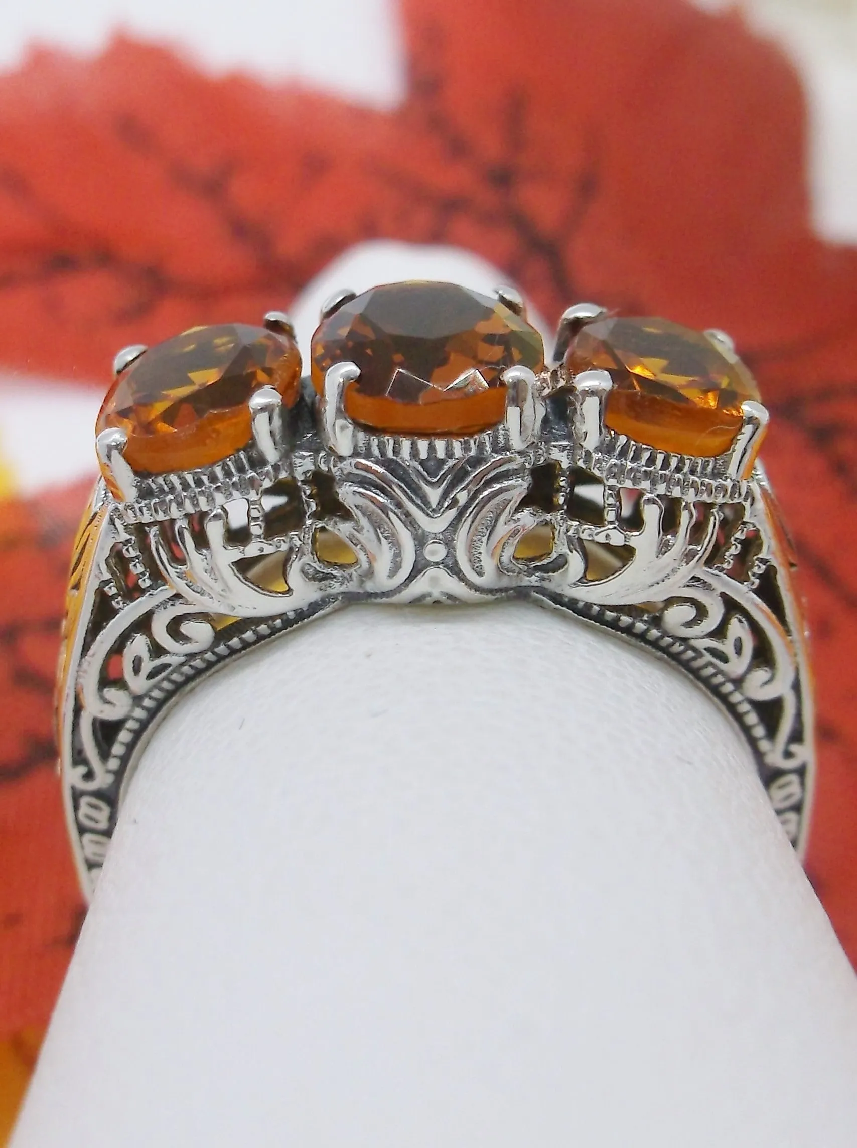 Trinity Cognac-Orange Ring, 3Gem Art Deco Jewelry Design#D41