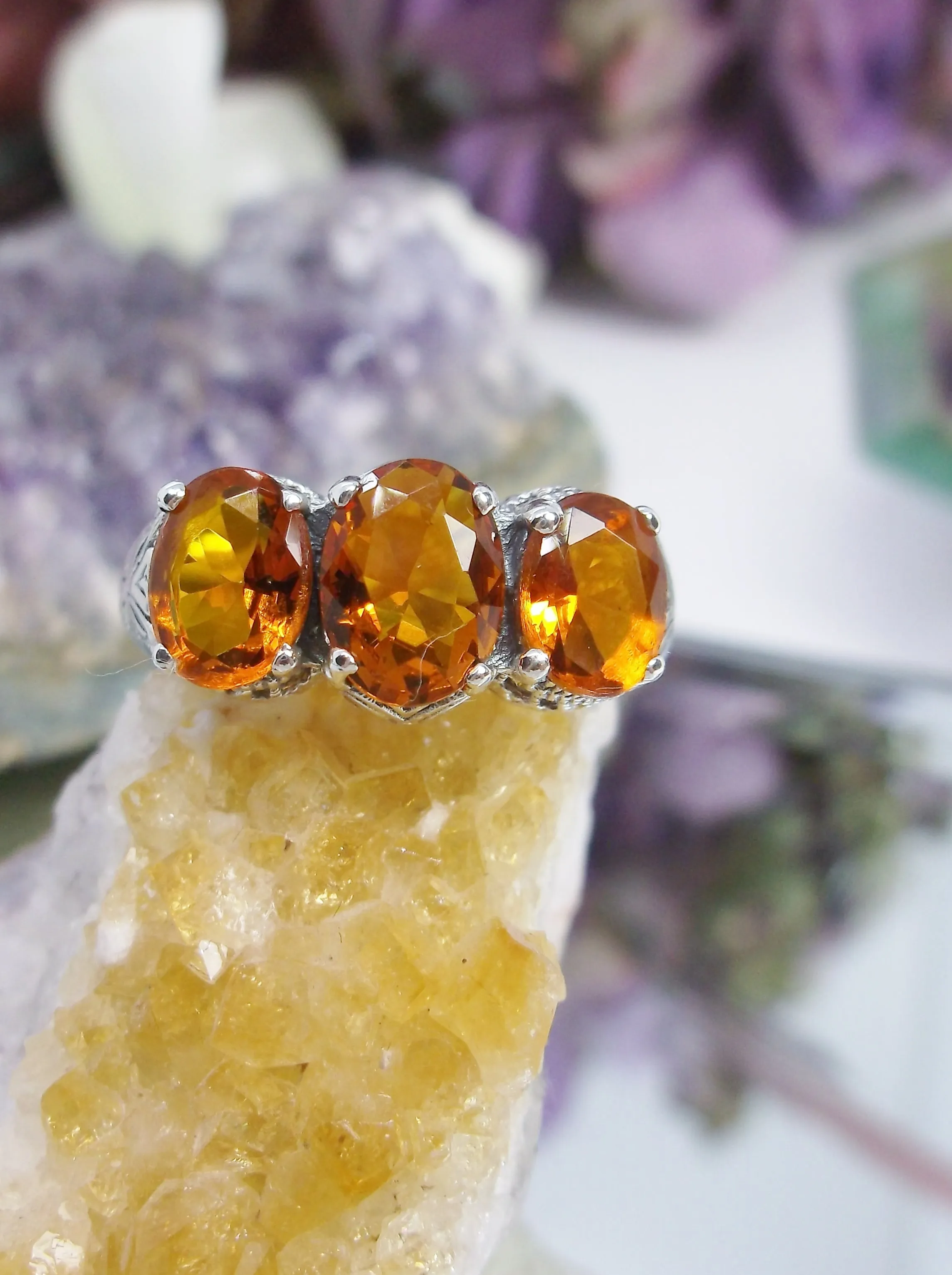 Trinity Cognac-Orange Ring, 3Gem Art Deco Jewelry Design#D41