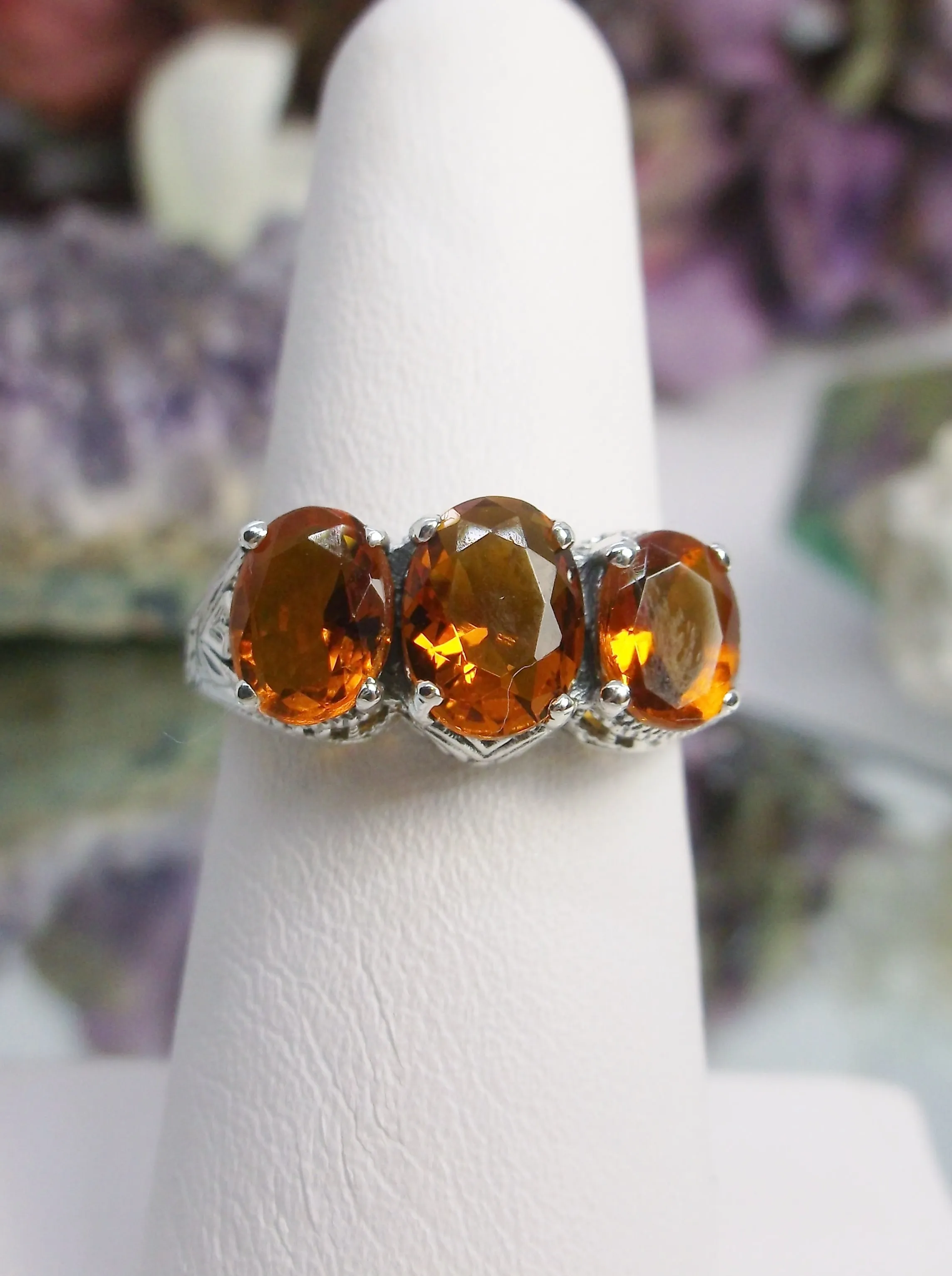Trinity Cognac-Orange Ring, 3Gem Art Deco Jewelry Design#D41