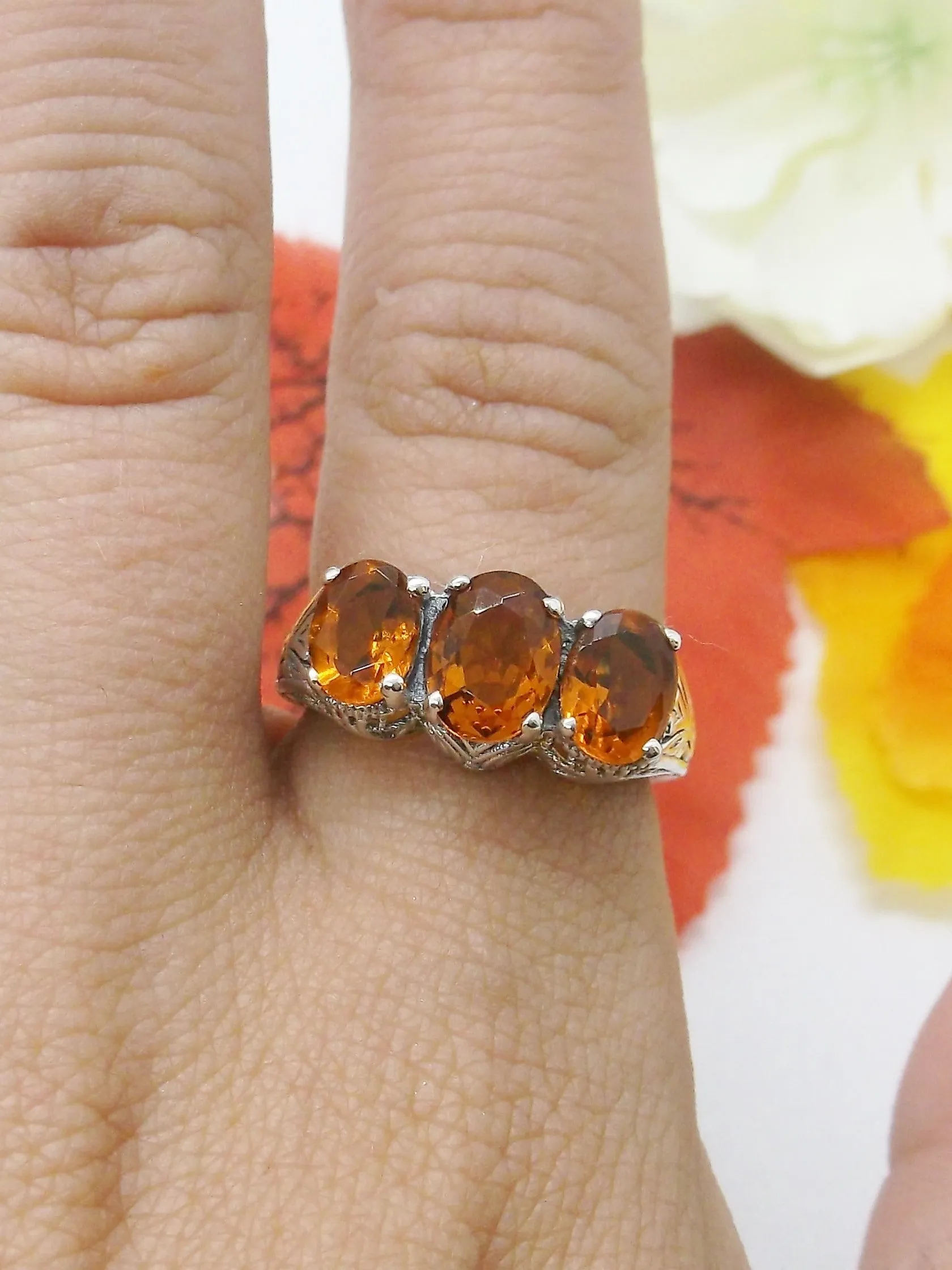 Trinity Cognac-Orange Ring, 3Gem Art Deco Jewelry Design#D41