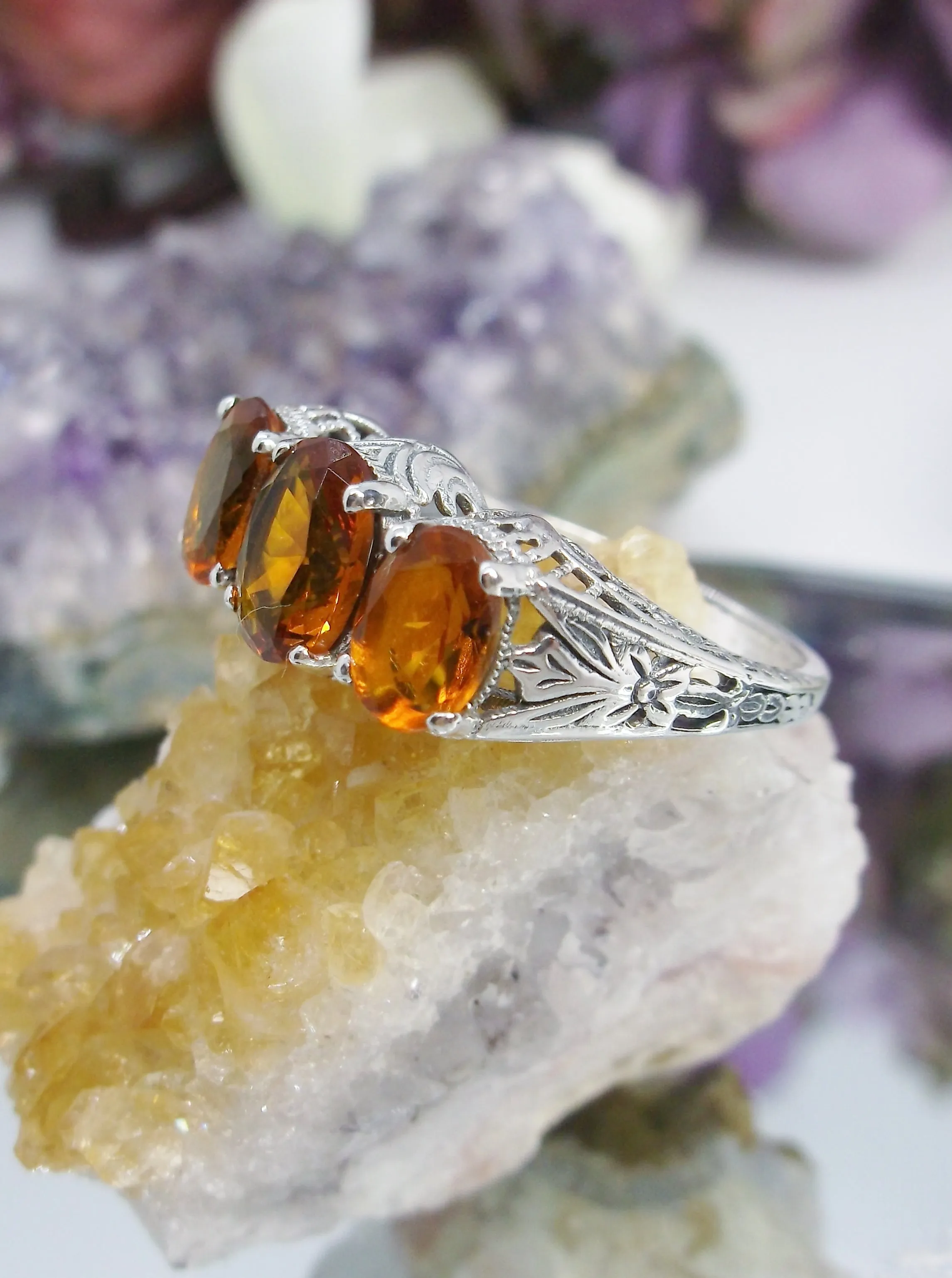 Trinity Cognac-Orange Ring, 3Gem Art Deco Jewelry Design#D41