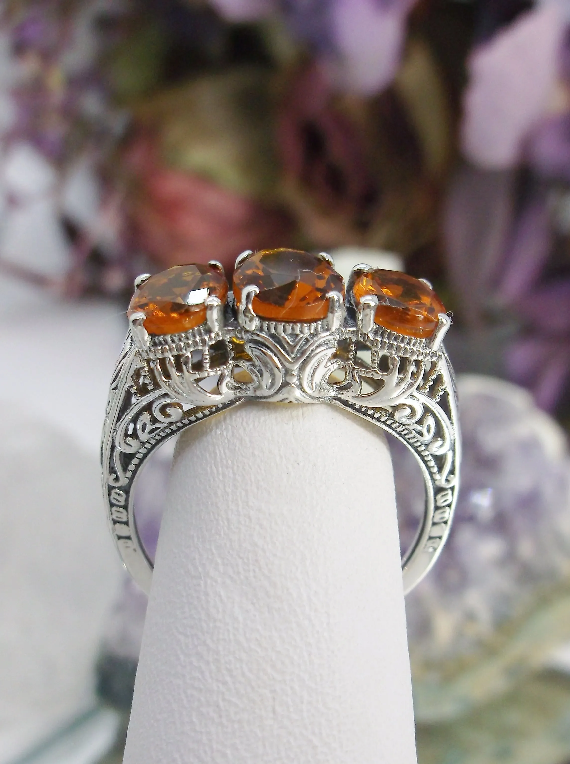 Trinity Cognac-Orange Ring, 3Gem Art Deco Jewelry Design#D41