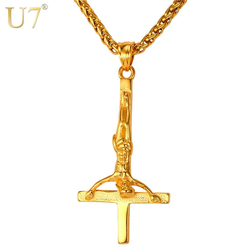 U7 Inverted Cross Necklace Men Gothic Satanic Jewelry Gold Color Stainless Steel Upside Down Cross of St. Peter Pendant P813