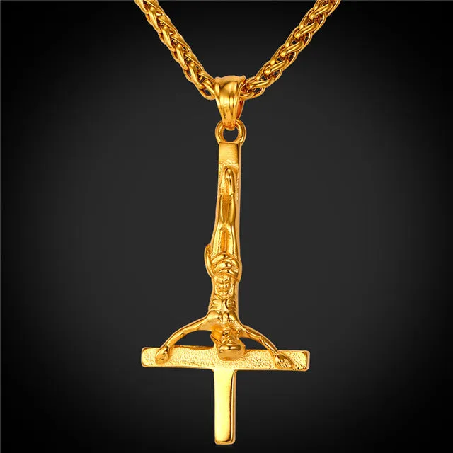 U7 Inverted Cross Necklace Men Gothic Satanic Jewelry Gold Color Stainless Steel Upside Down Cross of St. Peter Pendant P813