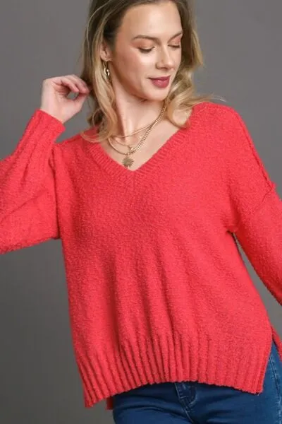 Umgee Full Size Dropped Shoulder Side Slit Sweater Plus Size
