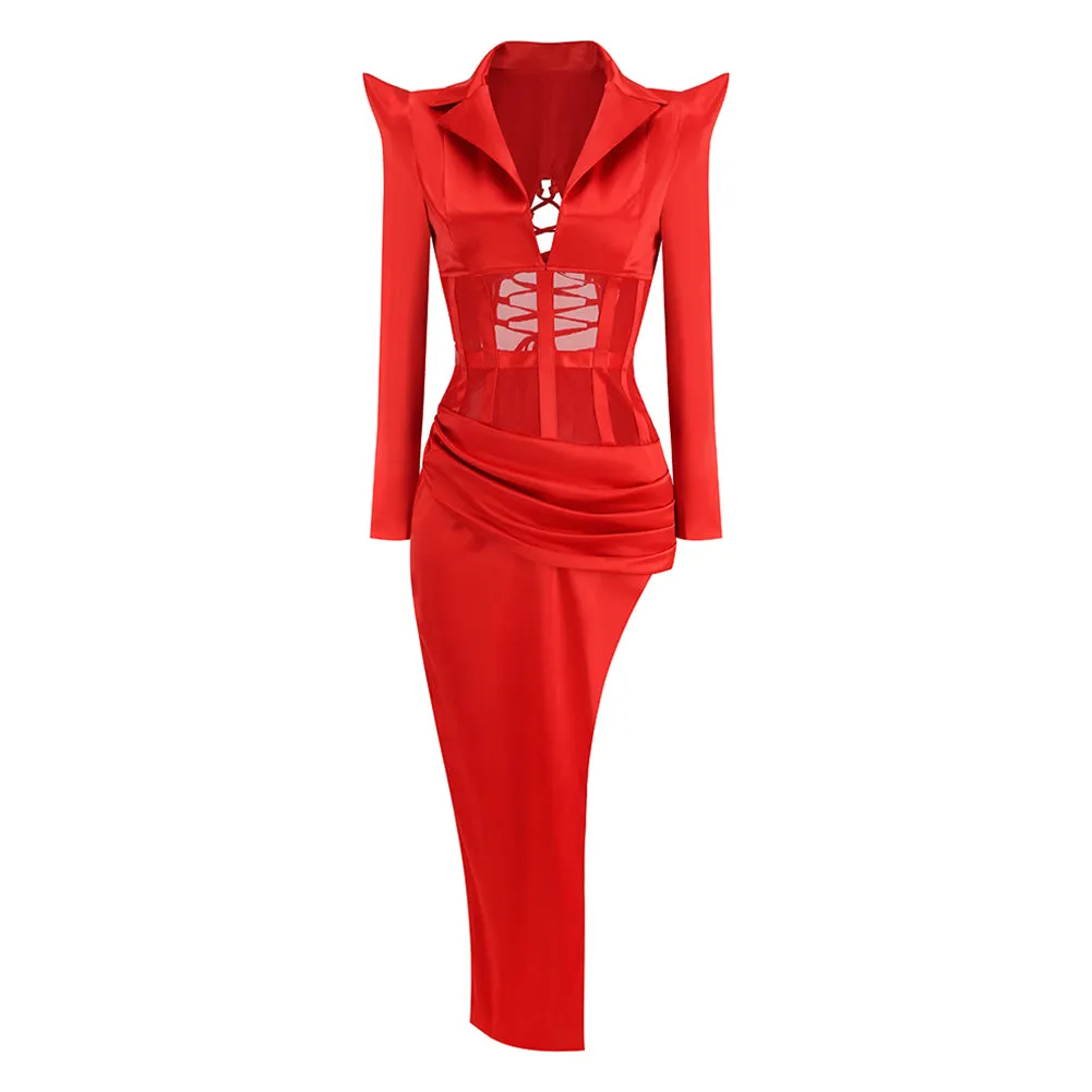 V Neck Long Sleeve Mesh Dress KLYF586
