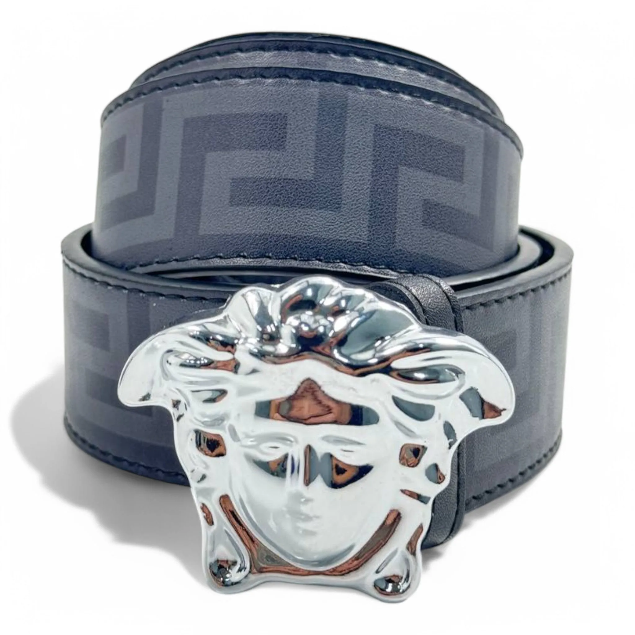 Versace-Inspired Greek Key Belt – Silver Medusa Buckle | Statement Streetwear