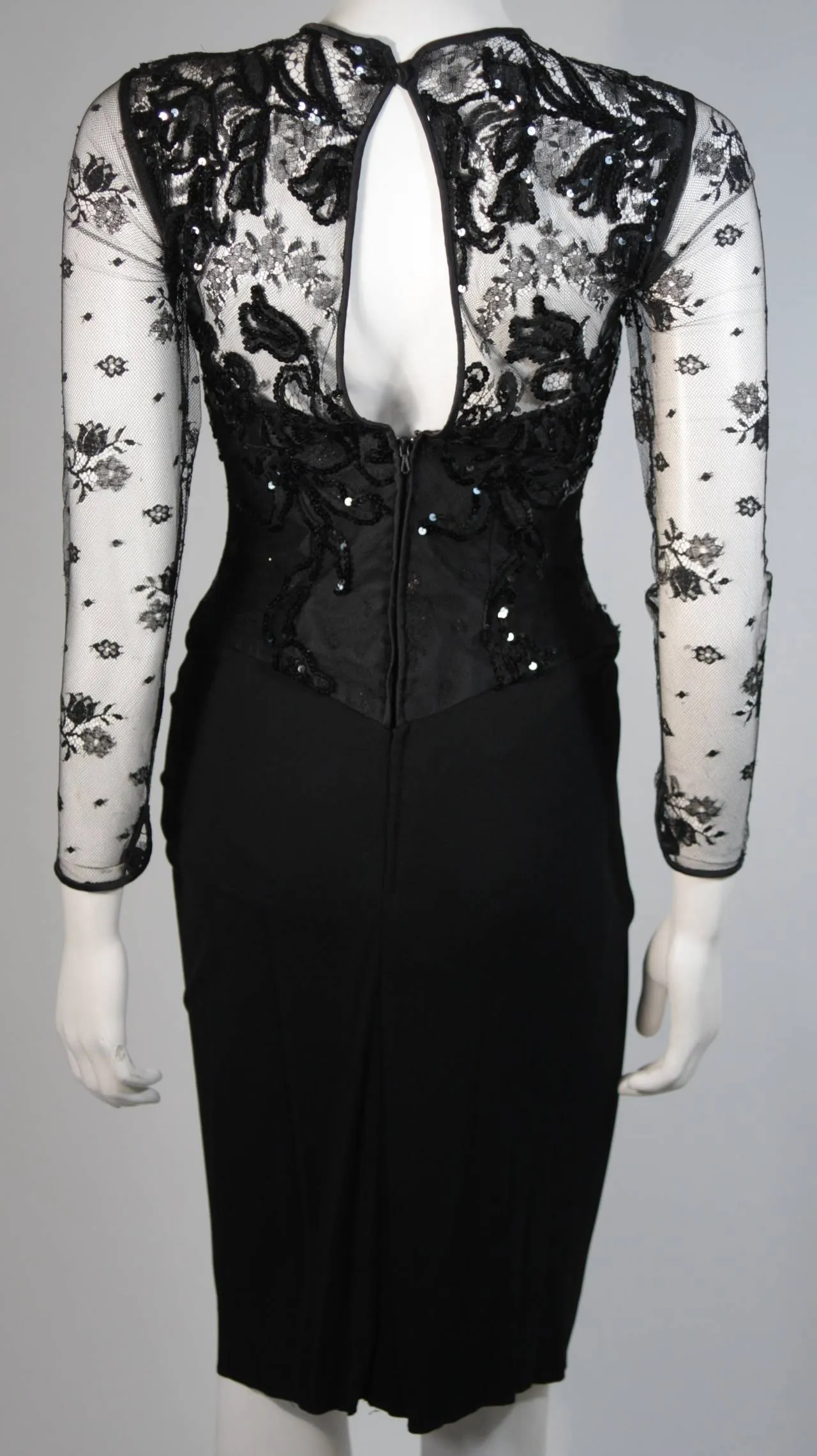 VICKY TIEL Black Lace Cocktail Dress with Draped Jersey Skirt Size Small
