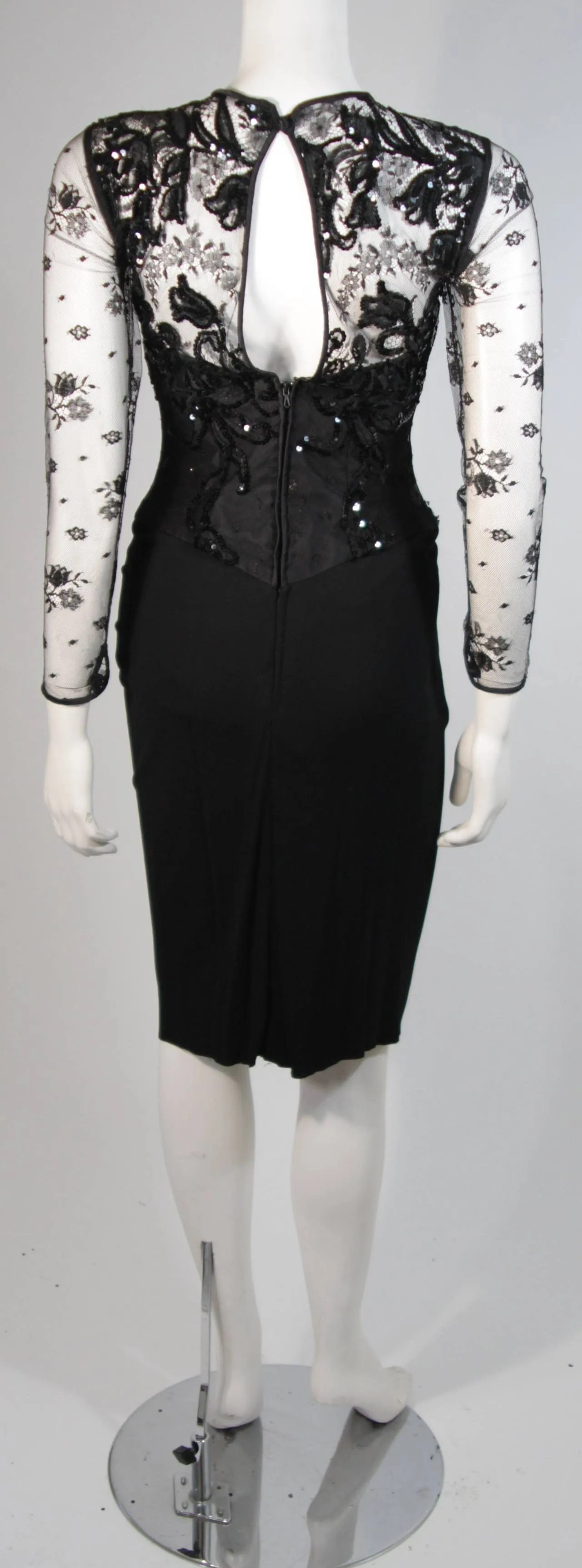 VICKY TIEL Black Lace Cocktail Dress with Draped Jersey Skirt Size Small